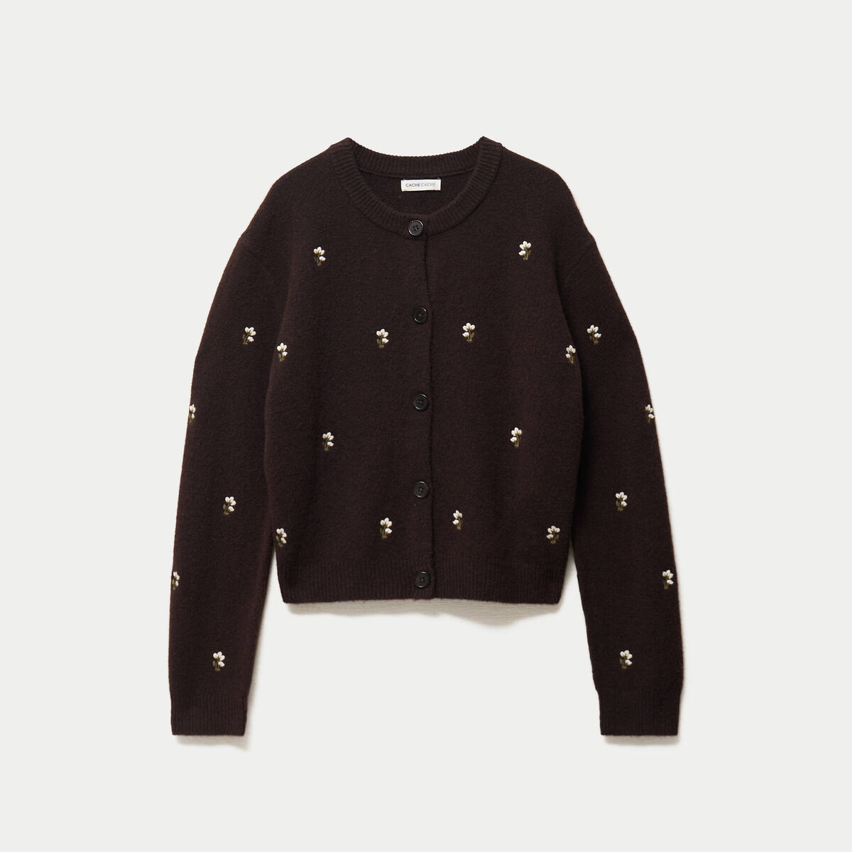 Gilet manches longues broderies col rond marron fonc&eacute; femme