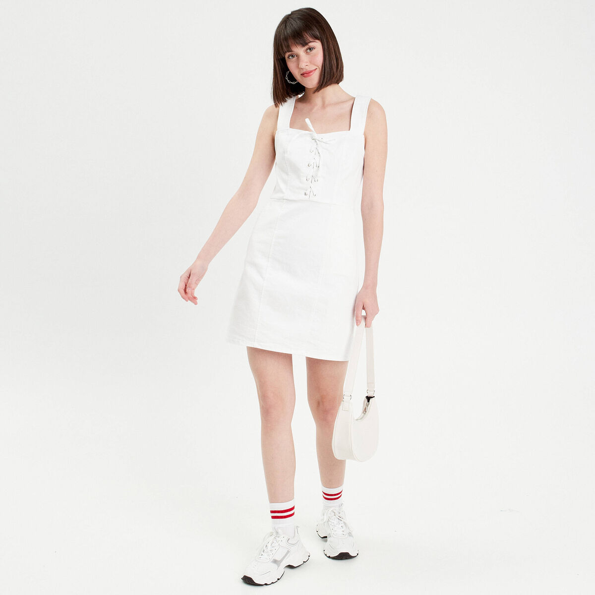 Robe ajustée col laçage jean ecru femme