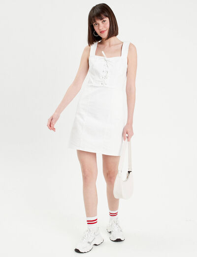 Robe ajustée col laçage jean ecru femme