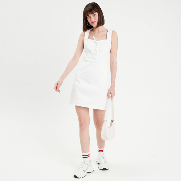 Robe ajustée col laçage jean ecru femme