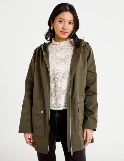 Parka &agrave; capuche taille ajustable vert kaki femme