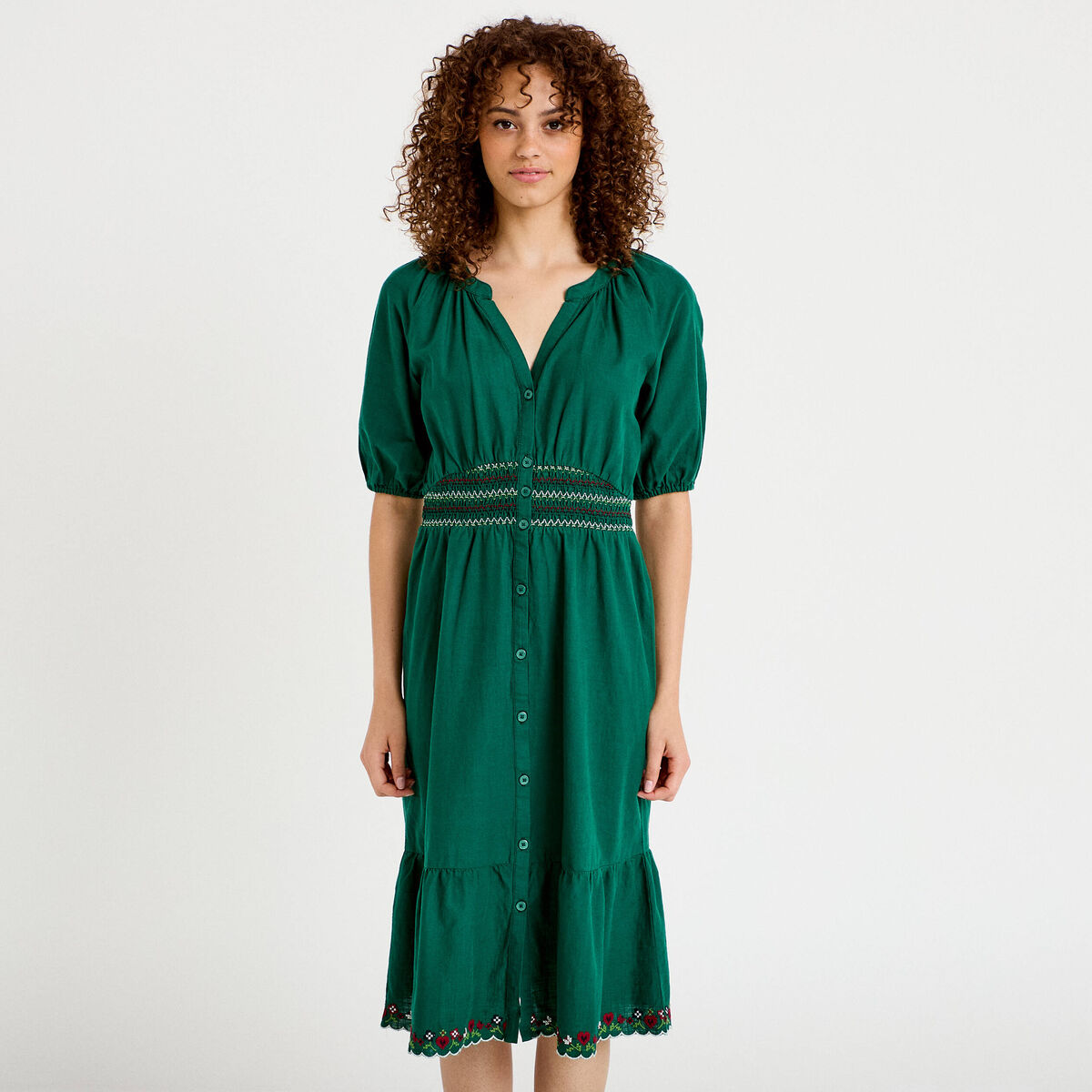 Robe &eacute;vas&eacute;e broderie col chemise vert fonc&eacute; femme