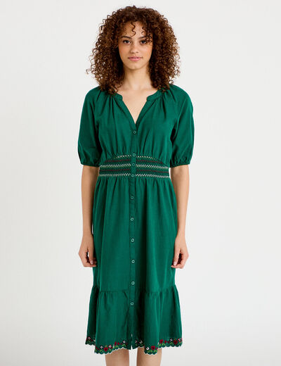 Robe &eacute;vas&eacute;e broderie col chemise vert fonc&eacute; femme