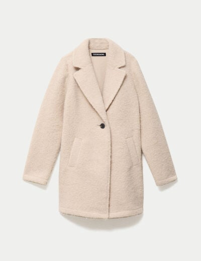 Manteau droit mi-long bouclettes beige femme