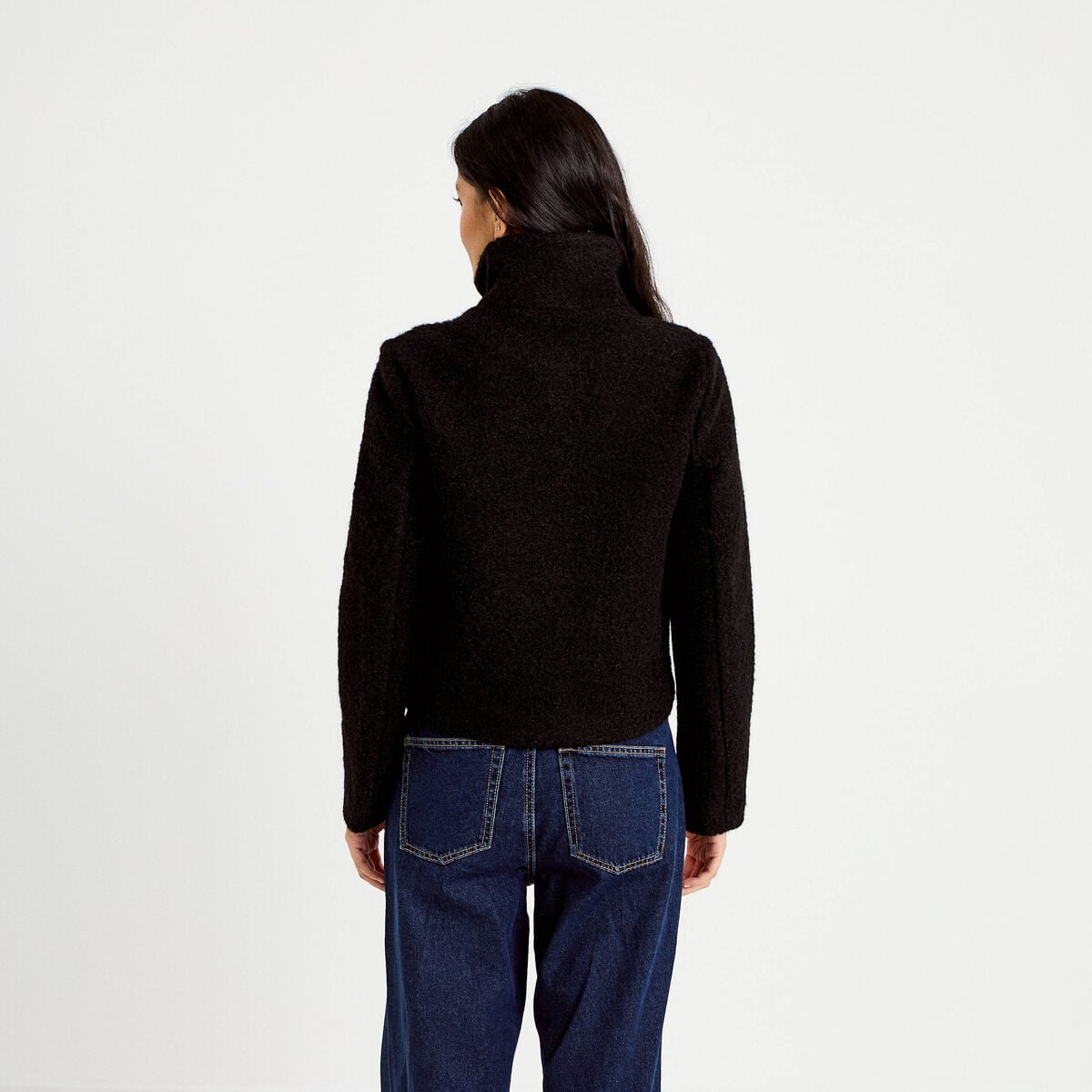 Veste droite bouclette col montant noir femme