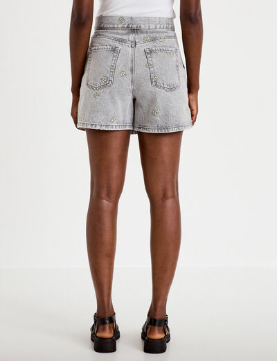 Jupe-short trap&egrave;ze courte taille haute denim gris femme