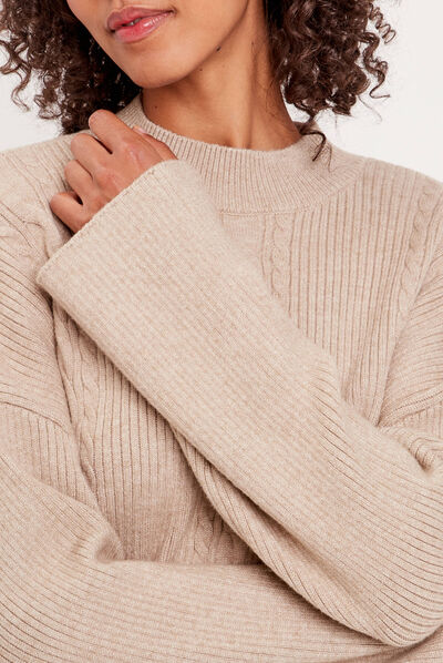 Pull col montant torsades beige femme