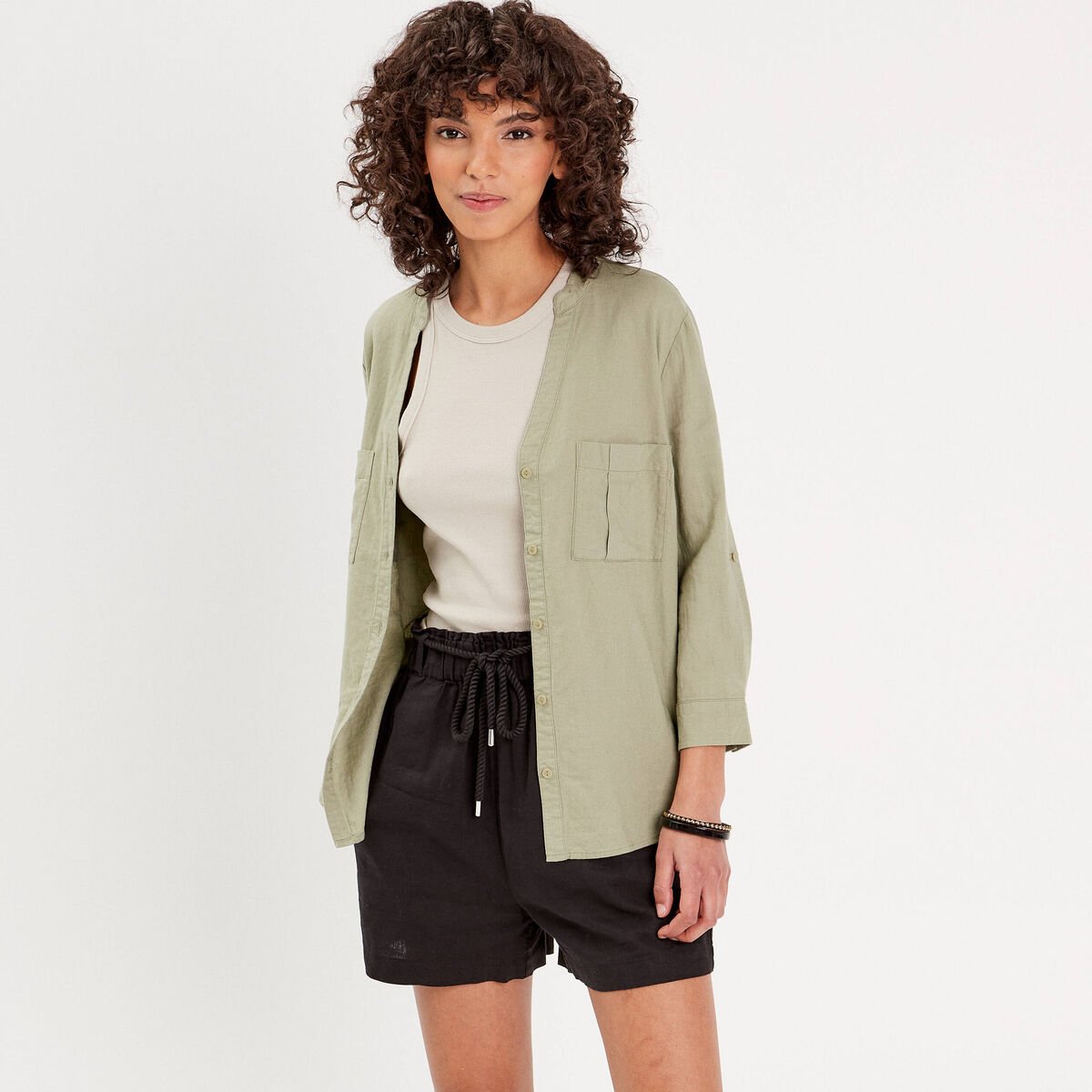 Chemise manches 3/4 contenant du lin vert kaki femme