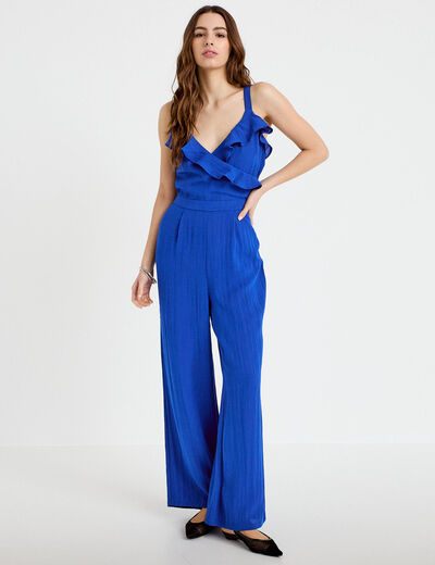 Combinaison pantalon volants bleu electrique femme