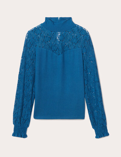 T-shirt col montant dentelle bleu canard femme