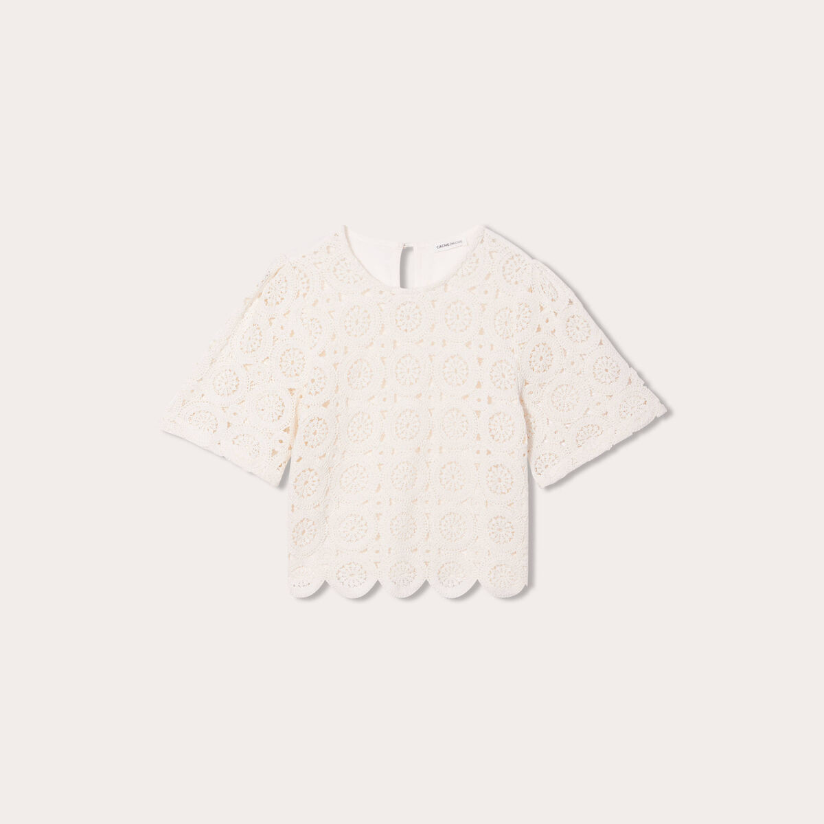 T-shirt macramé col rond ecru femme