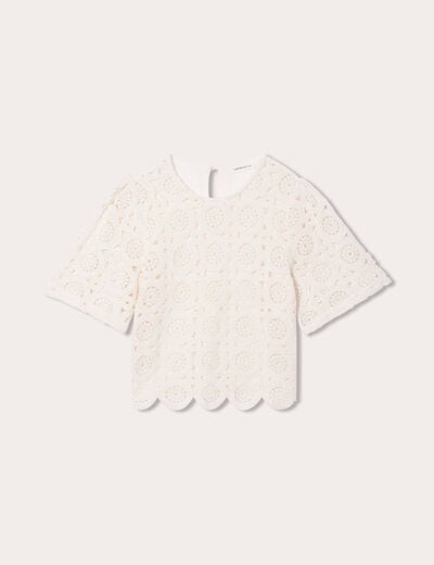 T-shirt macramé col rond ecru femme