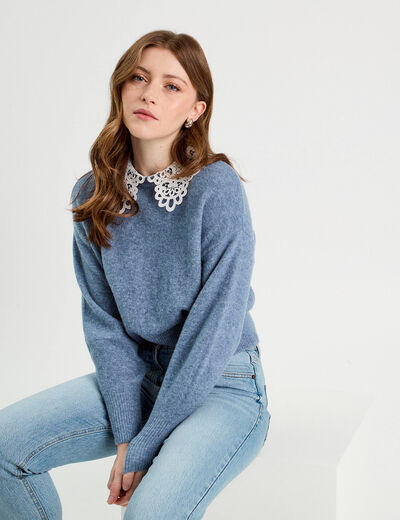 Pull col claudine dentelle bleu femme