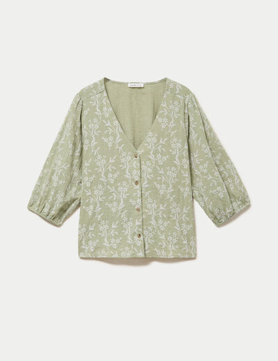 Blouse droite pliss&eacute;e manches 3/4 vert femme