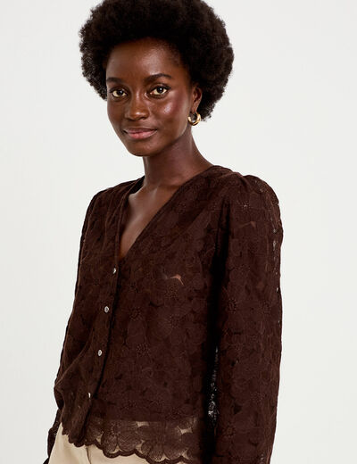 Blouse en dentelle d&eacute;collet&eacute; dos marron fonc&eacute; femme