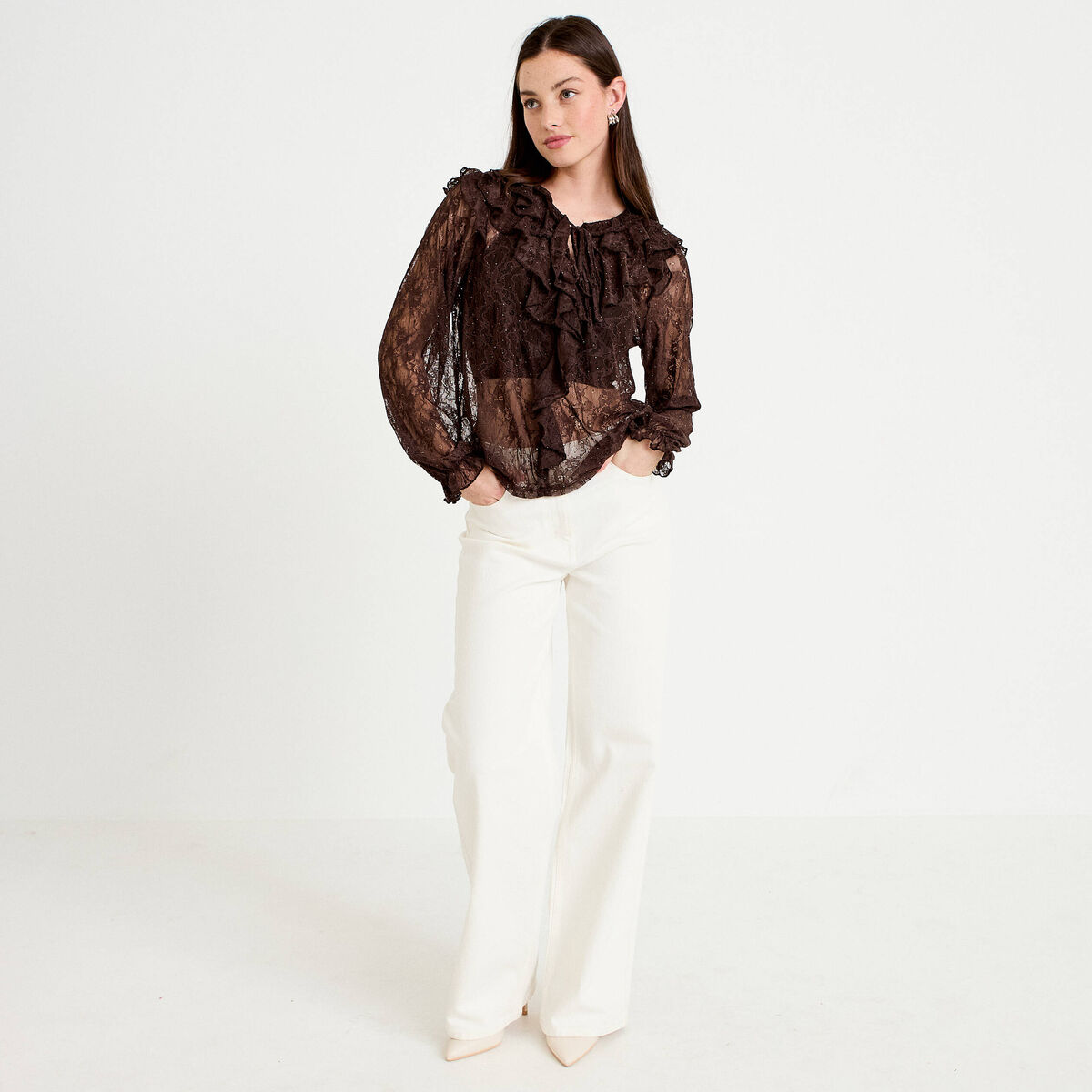 Blouse dentelle manches longues marron fonc&eacute; femme