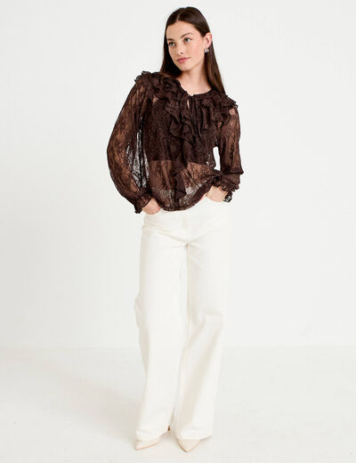 Blouse dentelle manches longues marron fonc&eacute; femme