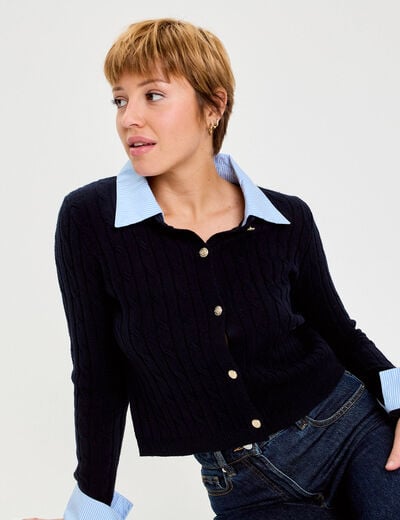Gilet col chemise manches longues bleu marine femme