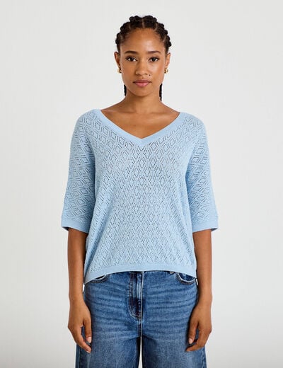 Pull ajour&eacute; col v manches courtes bleu ciel femme