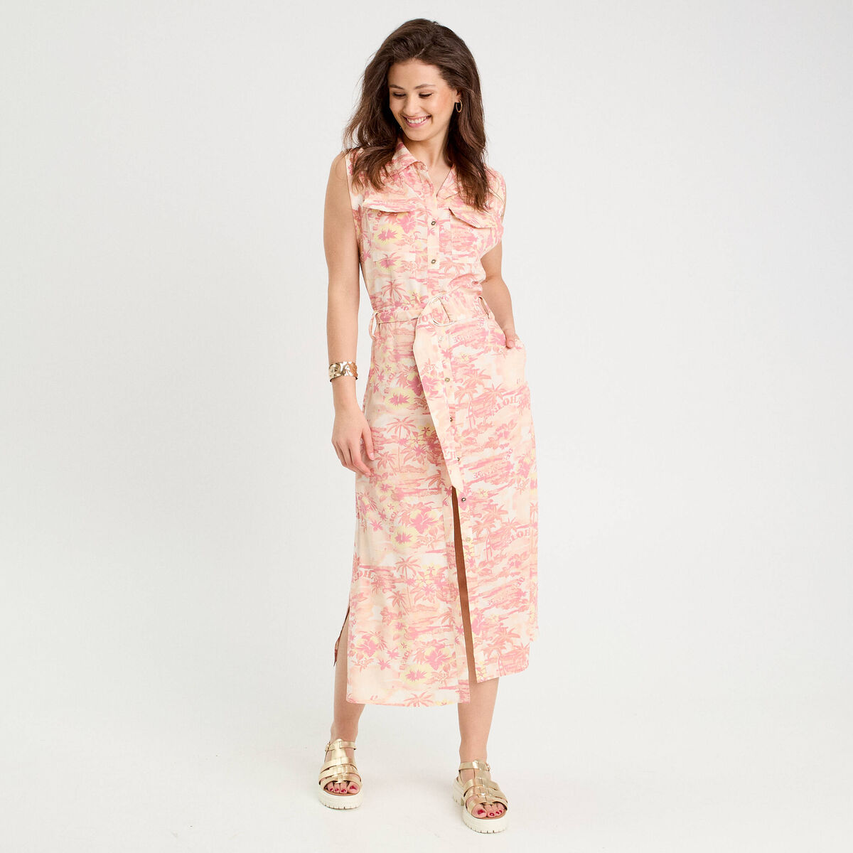 Robe chemise évasée beige femme