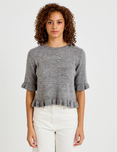 Pull col rond manches courtes gris clair femme