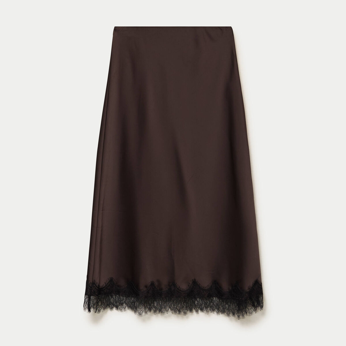 Jupe droite 3/4 d&eacute;tail dentelle marron fonc&eacute; femme