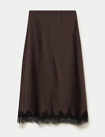 Jupe droite 3/4 d&eacute;tail dentelle marron fonc&eacute; femme