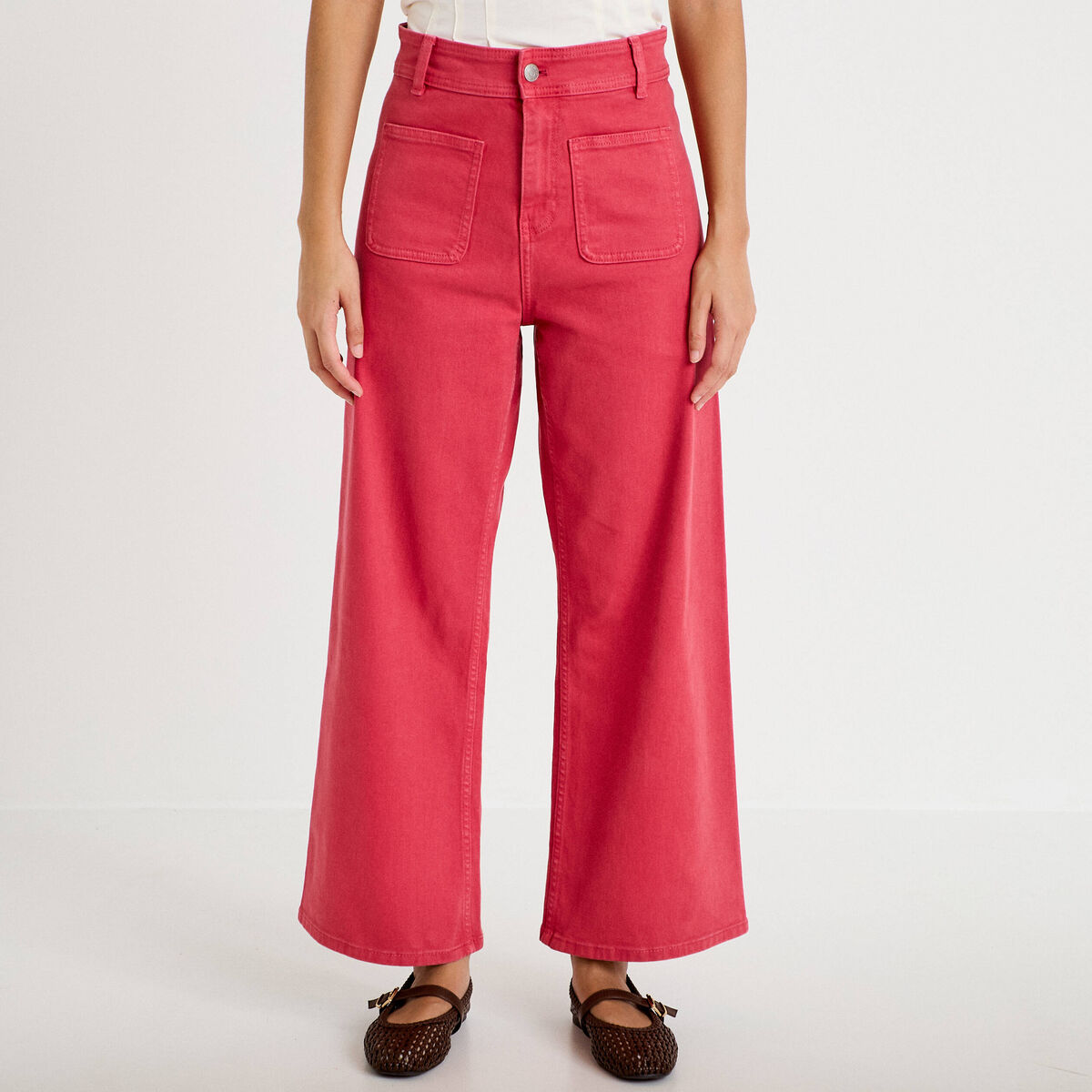 Jean wide leg cropped taille haute rose framboise femme