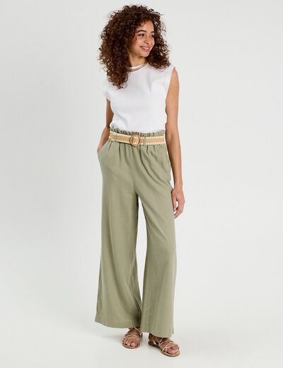 Pantalon large ceinturé contenant du lin vert kaki femme