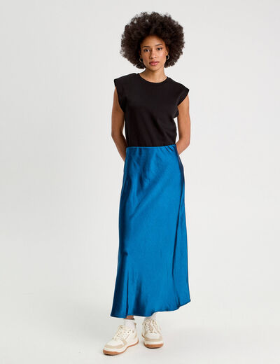 Jupe midi droite effet satin bleu marine femme