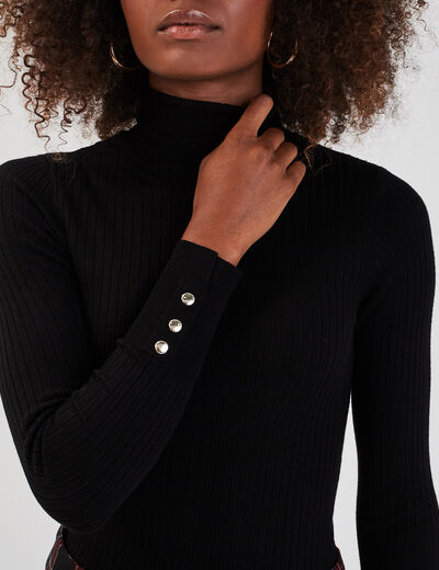 Pull col roulé côtelé noir femme