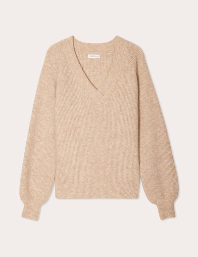 Pull avec col en V beige femme