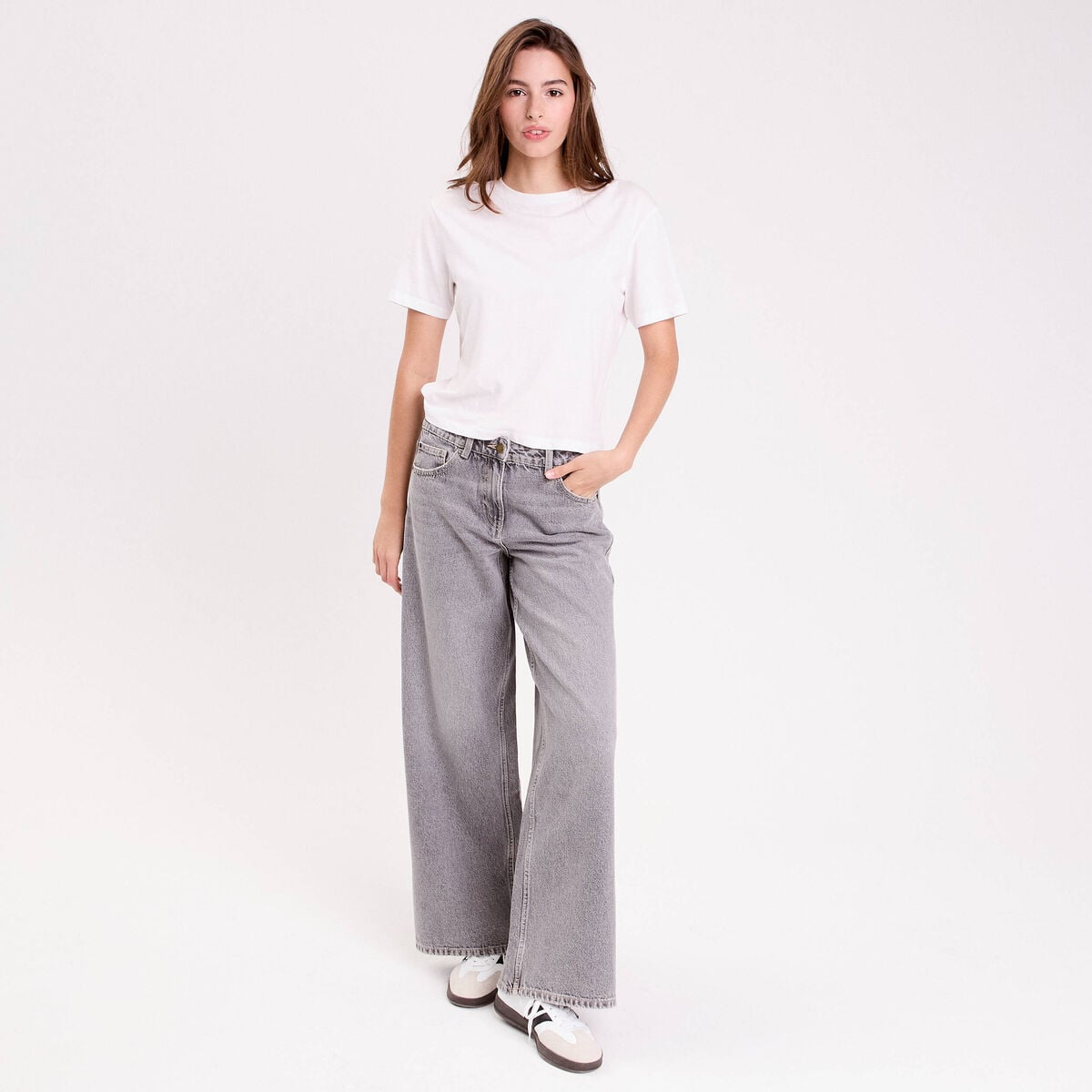 Jean wide leg taille standard denim gris femme