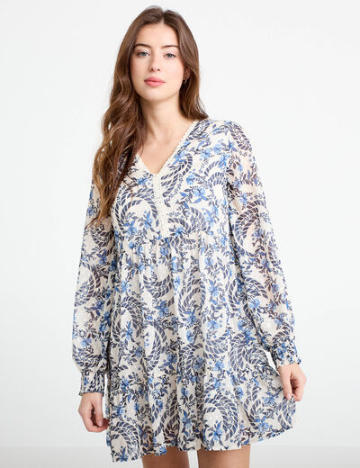 Robe droite col v manches longues blanc femme