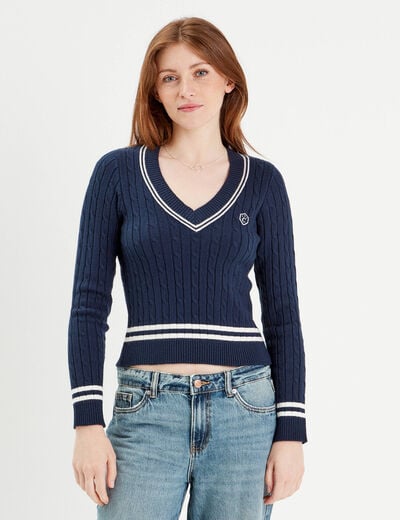 Pull manches longues torsades bleu marine femme