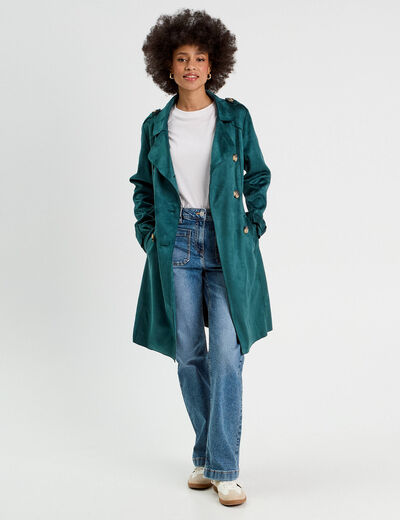 Trench long cintré suédine bleu canard femme