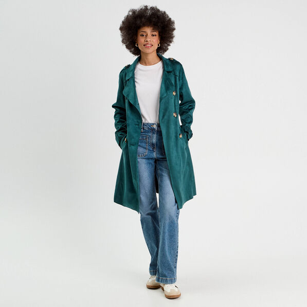 Trench long cintré suédine bleu canard femme