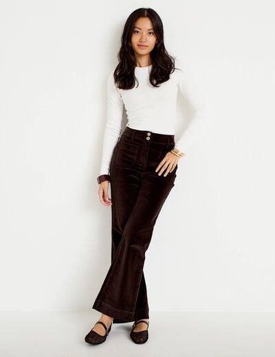 Pantalon bootcut taille haute velours marron fonc&eacute; femme
