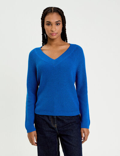 Pull col v manches longues bleu electrique femme