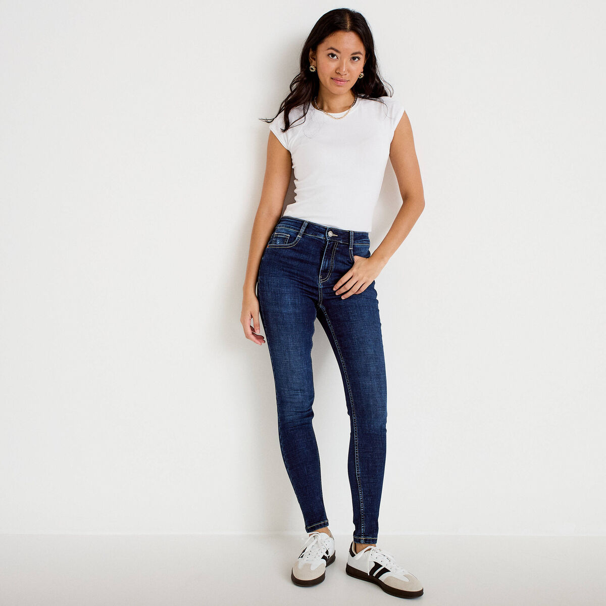 Jean skinny taille haute bleu fonc&eacute; femme