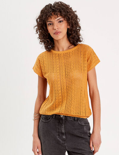 T-shirt manches courtes ajouré jaune moutarde femme