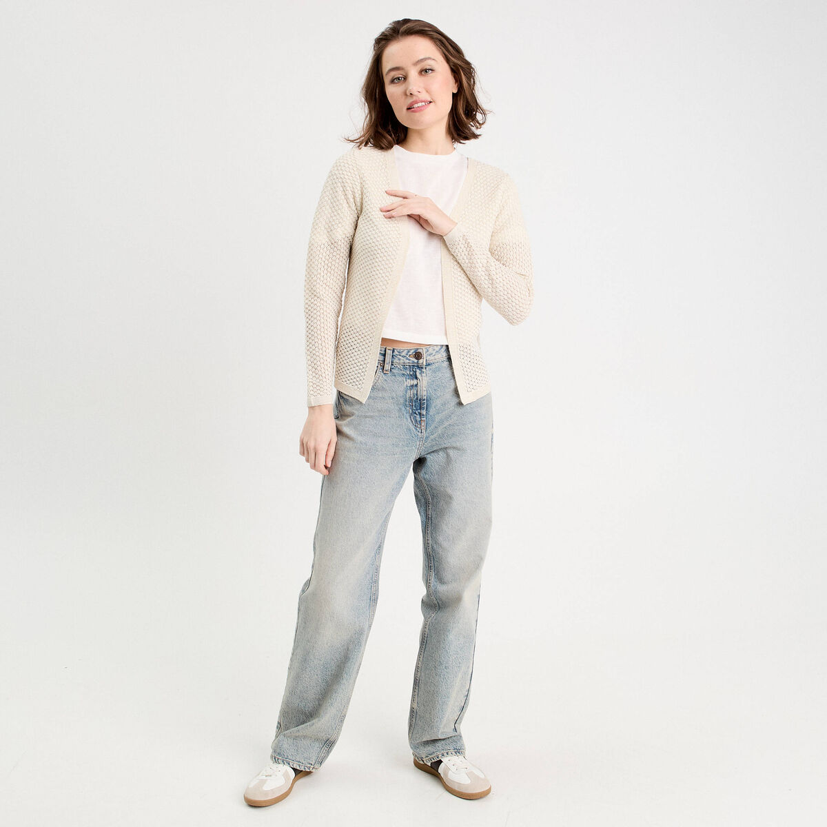 Gilet manches longues ajour&eacute; ecru femme