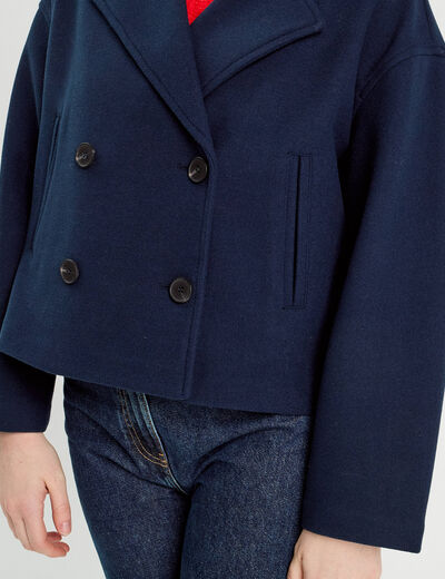 Caban court boutonné bleu marine femme
