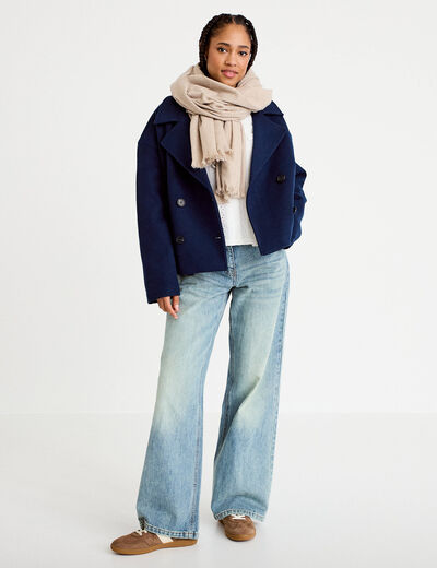 Caban court oversize col tailleur bleu marine femme