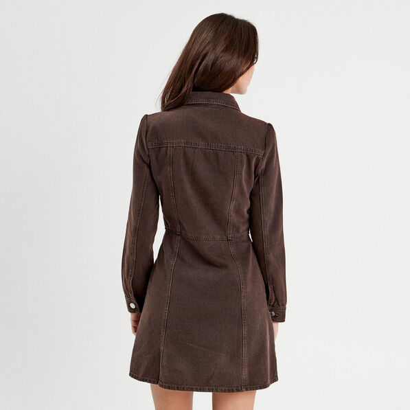 robe chemise droite en jean marron fonce femme Robe chemise droite en jean marron foncé femme