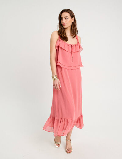 Robe longue droite volants rose pastel femme