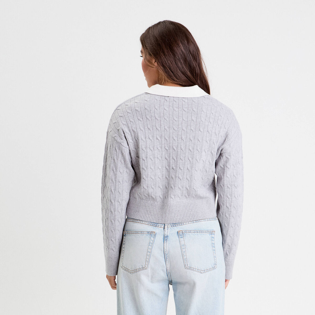 Pull manches longues col polo gris clair femme
