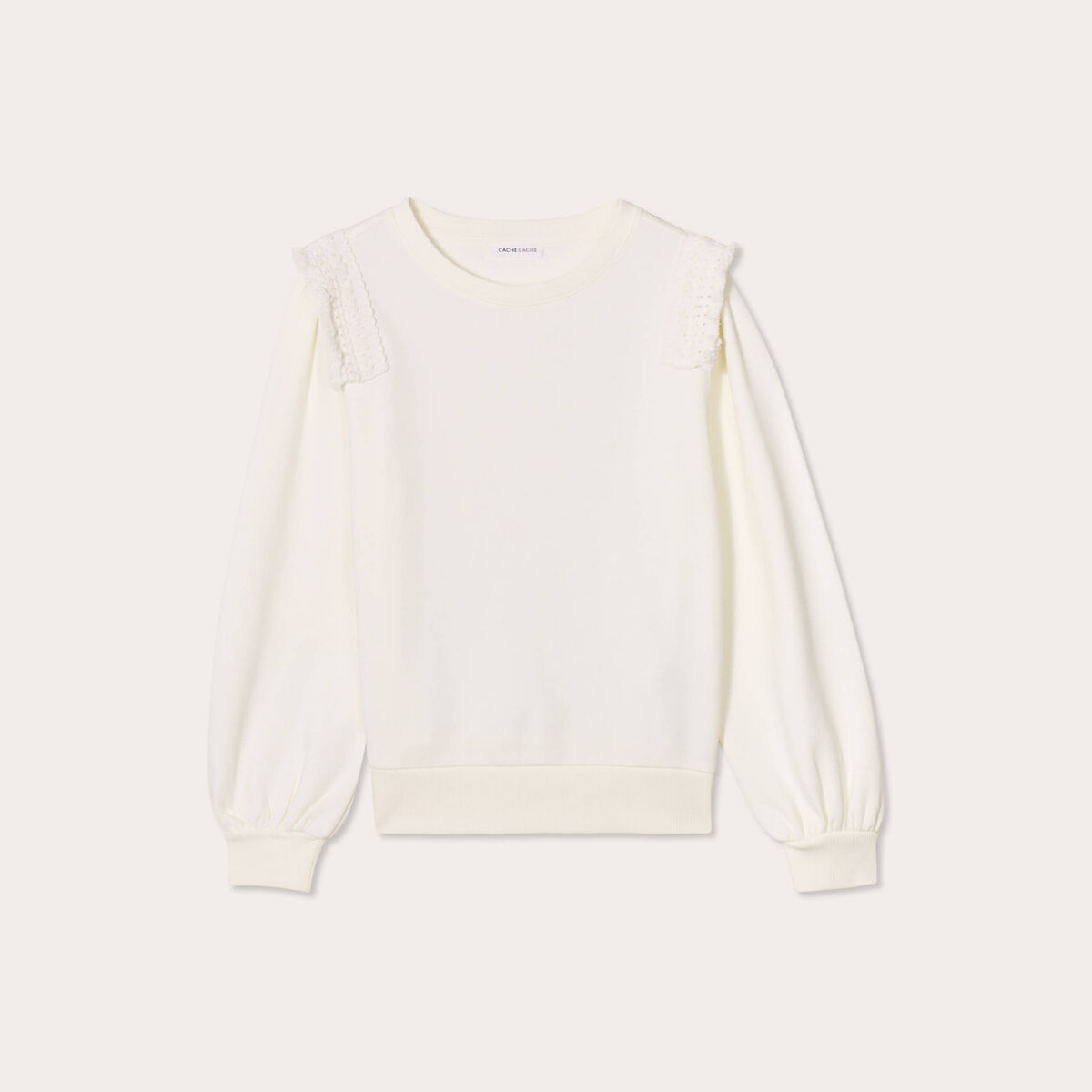 Sweat d&eacute;tails franges ecru femme