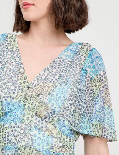 Robe longue évasée col en V bleu femme