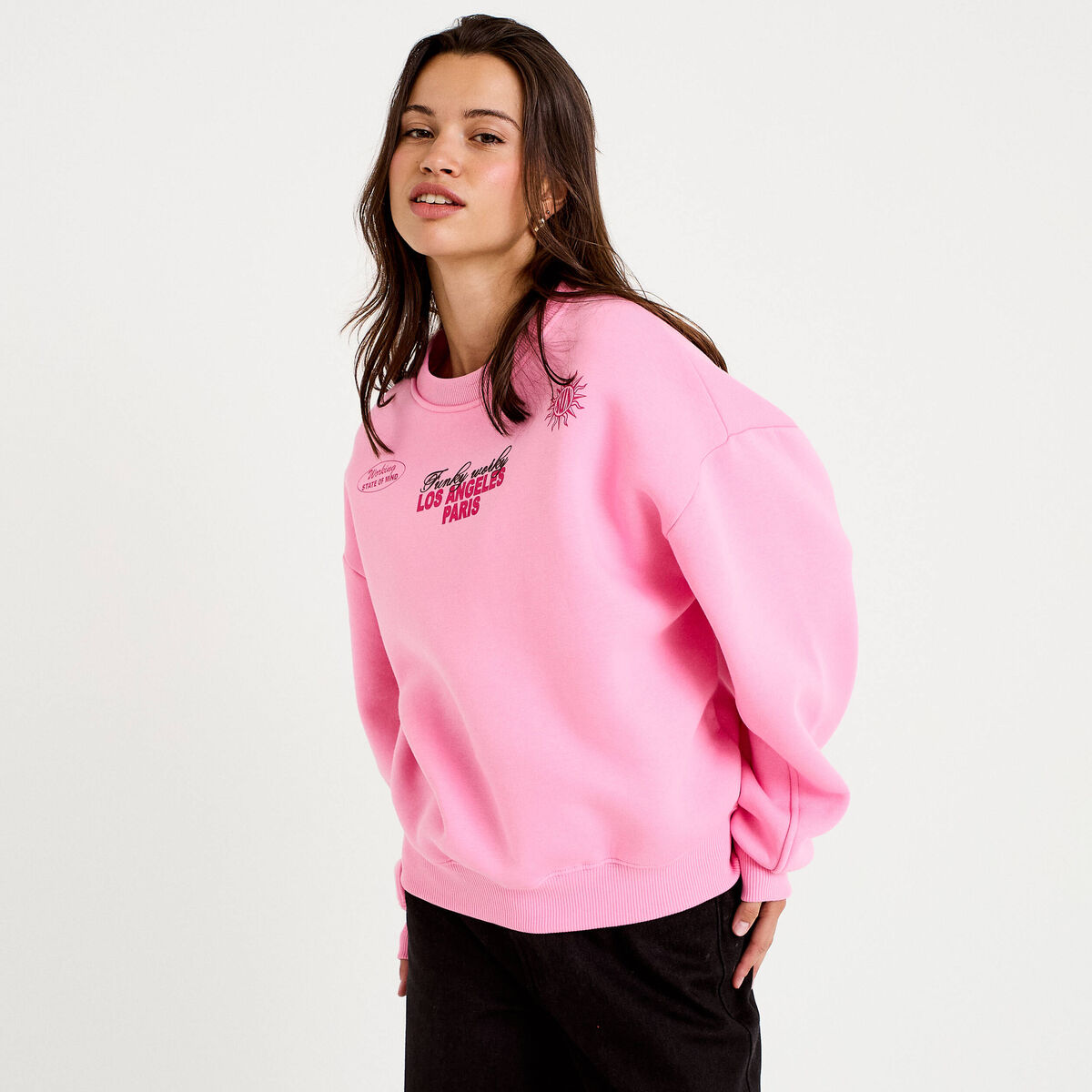Sweat col rond manches longues rose femme